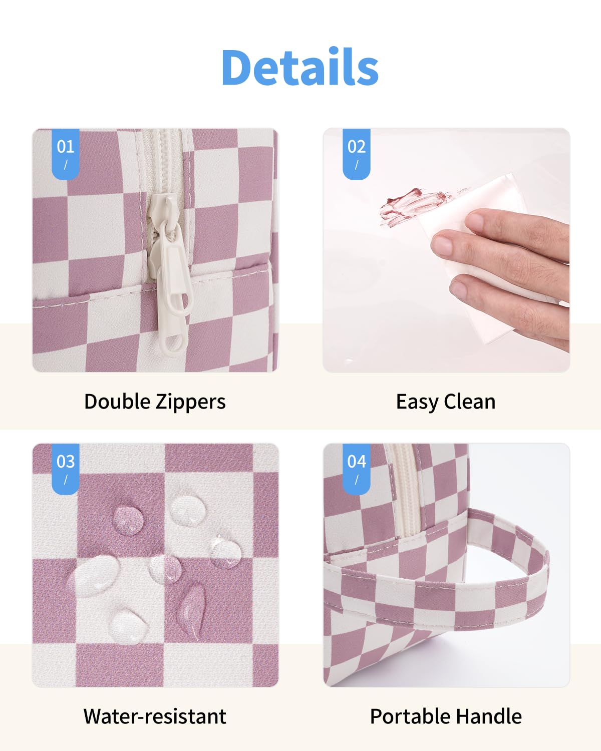 Narwey Clear Toiletry Bags for Traveling Women Men, Clear Travel Bags for Toiletries Makeup Bag Cosmetic Bag with Zipper, Make Up Organizer, Skincare Bag (Dusty Pink Checkerboard)
