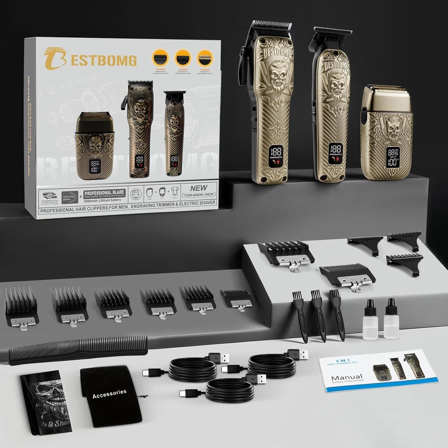 Professional Hair Clippers for Men - Rechargeable Metal T-Blade Beard Trimmer & Shaver Set | LED Display, Bronze
