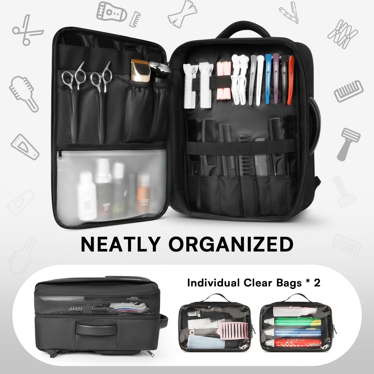Barber Bag with 2 Pouches, Professional Hairstylist Travel Backpack with Adjustable Dividers, Hairdresser Hair Tools Bag with Insulated Pocket, Cosmetology Bags for Supplies, Water-resistant, Black