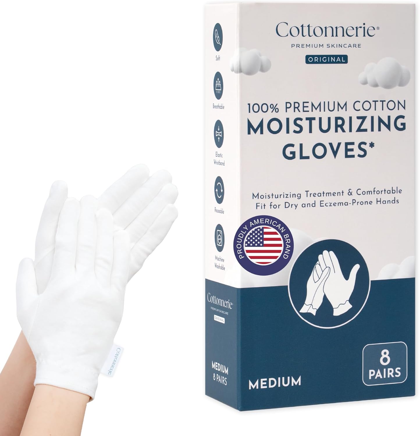 Cotton Moisturizing Gloves for Dry Hands - 4 Pairs Overnight Hand Care | Medium Size