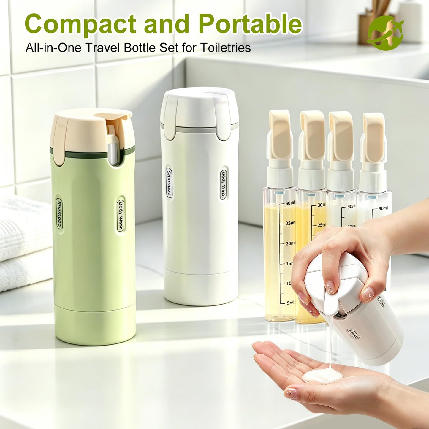 ZXAPJJD 4 in 1 Travel Dispenser Bottle, Leakproof Rotatable Travel Pump Bottles for Toiletries, TSA Approved Hard Shell Liquid Containers (4x30ml/1oz), Essentials for Women & Men (White)