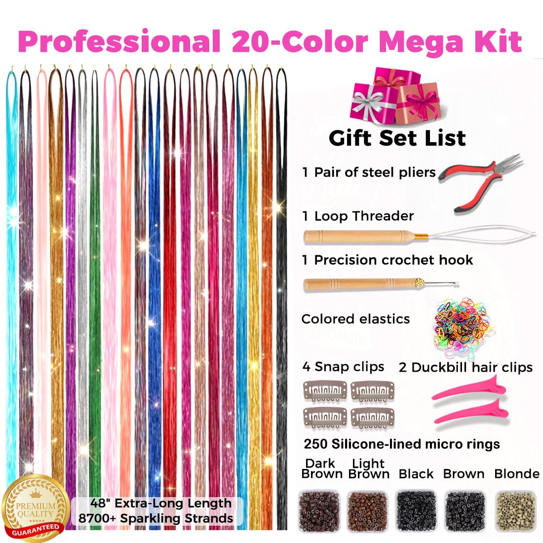 Hair Tinsel Kit - 8700+ Strands of 20 Colors | 48-Inch Heat Resistant Holographic Glitter Extensions for Parties & Festivals