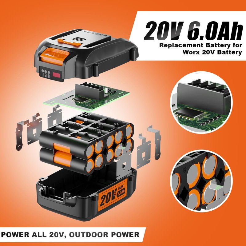 NEPOWILL 2Packs 20V 6.0Ah Replacement for Worx 20V Battery, Compatible with Worx Battery WA3578 WA3575 WA3520 WA3525 Fit for 20V Cordless Tools WG630, WG322, WG543, WG163