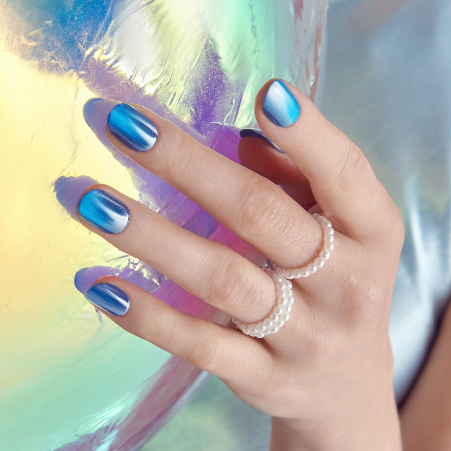 Kiss colorFX by Impress Press On Nails, Reconnect, 30 No Glue Peel and Stick Nails Kit with IMPROVED Adhesive, Blue Short Oval Pearlescent Effect, Includes Prep Pad, Manicure Stick & Mini File