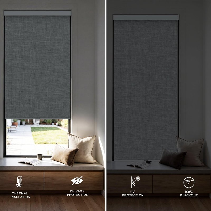 Blindify 100% Blackout Roller Shades, Free-Stop Cordless Roller Blinds for Windows, Thermal Insulated Linen Fabric Window Shades UV Protection for Home, Door, Grey, 37" W x 72" H