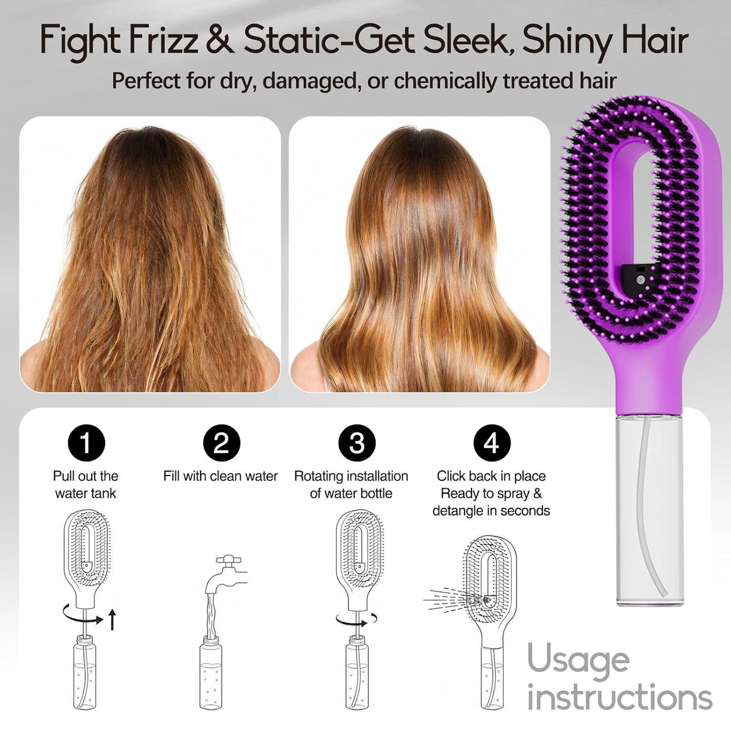 Misting Detangling Hair Brush - Continuous Spray for Curly & Wavy Hair | Frizz Control & Flyaway Smoothing, Purple