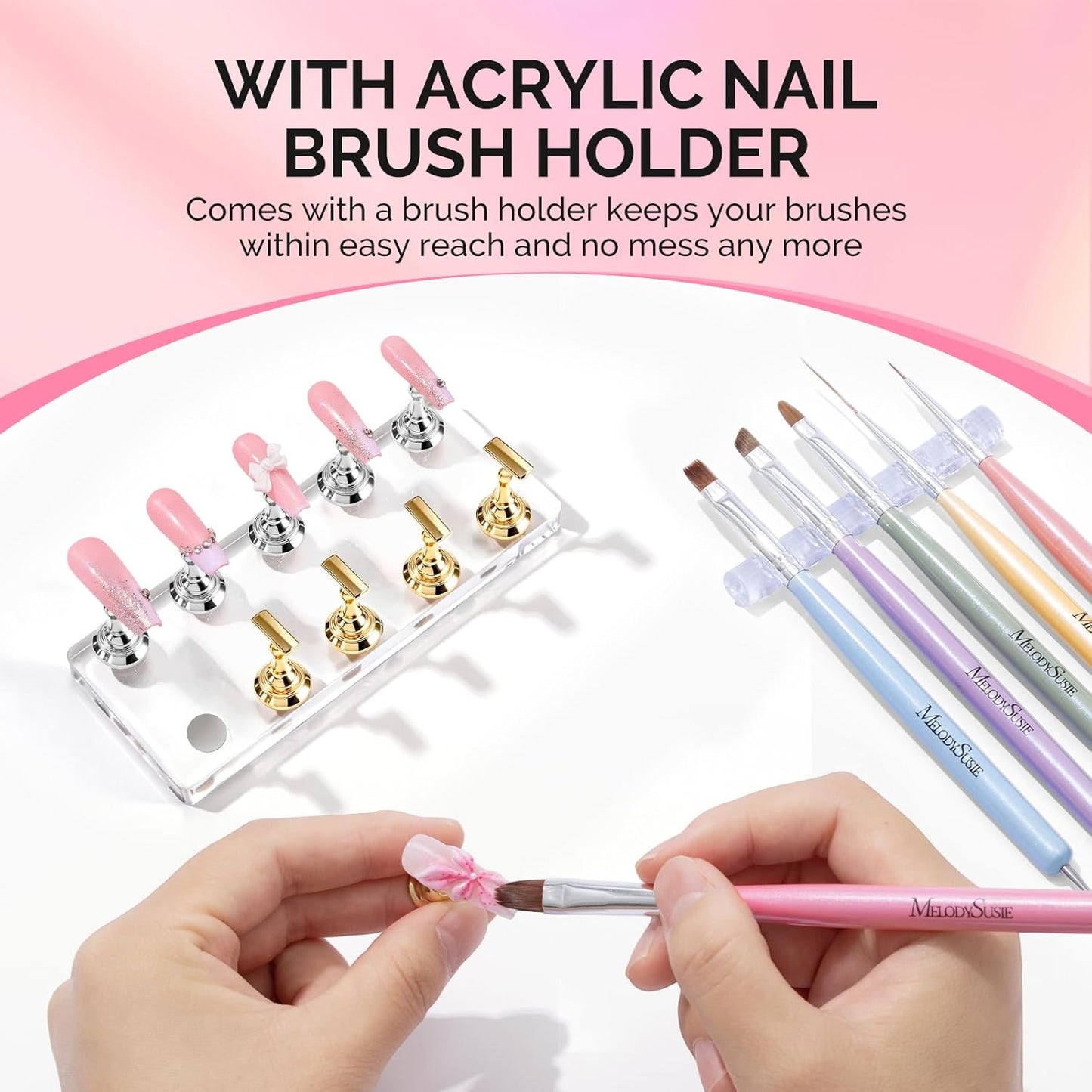 Nail Stand for Press Ons - Big Transparent Acrylic Base with Brush Holder & 100 Pcs Reusable Double-Sided Tape | DIY Salon Supplies