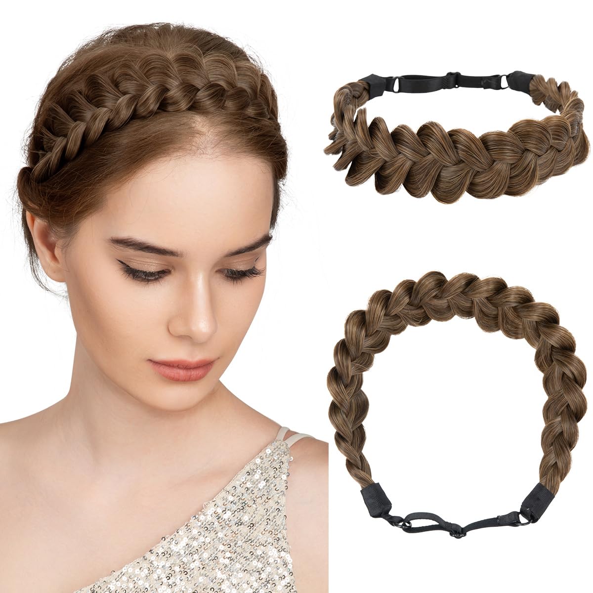 CJL Hair Wide Elastic Braided Headband for Women - Adjustable Synthetic Hair Braid | Chocolate Color