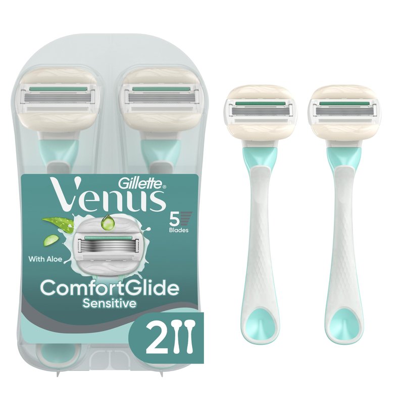Gillette Venus ComfortGlide Sensitive Disposable Razor for Women, 5 Blades with a Touch of Aloe, Water-Activated Moisture Bars, 2ct