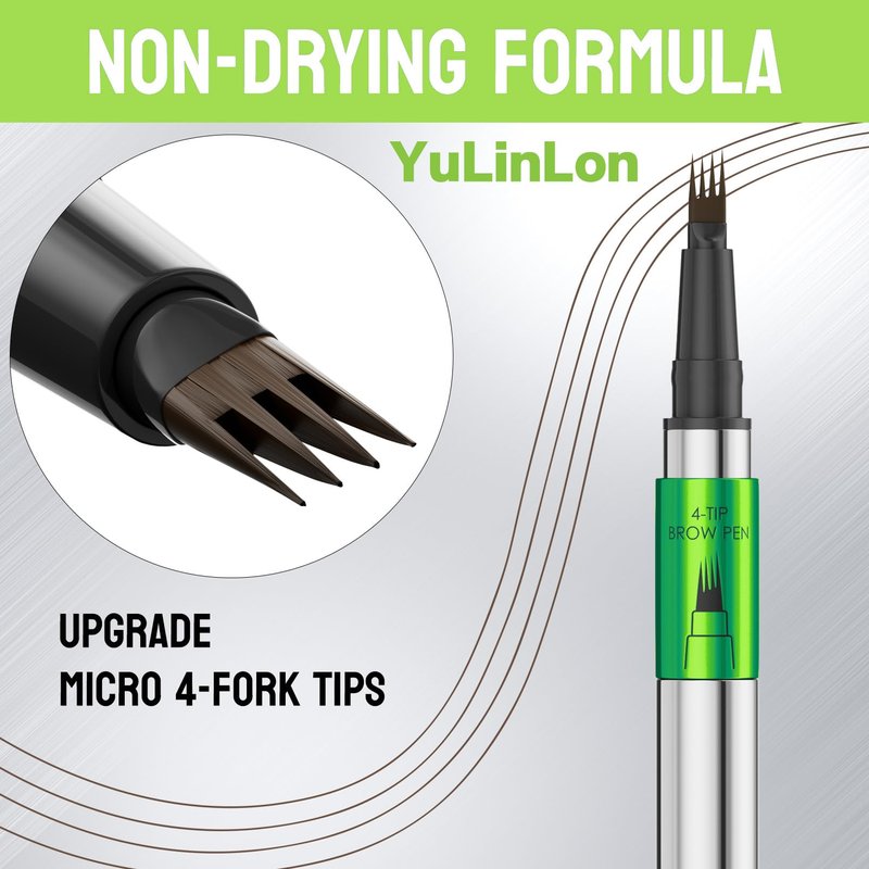 YuLinLon 4-Tip Eyebrow Pen, Waterproof Micro-Fork Tip Brow Tattoo Pen, Natural 3D Effect, Long Lasting Smudge-Proof Formula, 1ml (03# DARK BROWN)
