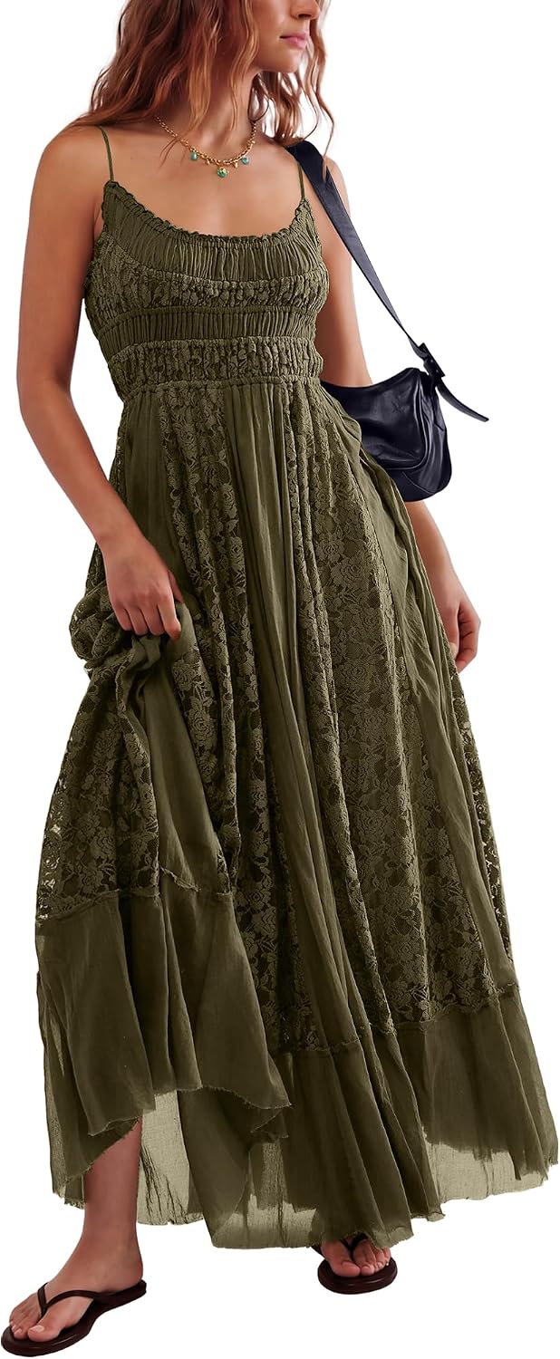 Bohemian Maxi Dress for Women - Casual Lace Floral Embroidery | Flowy A-Line Beach Dress