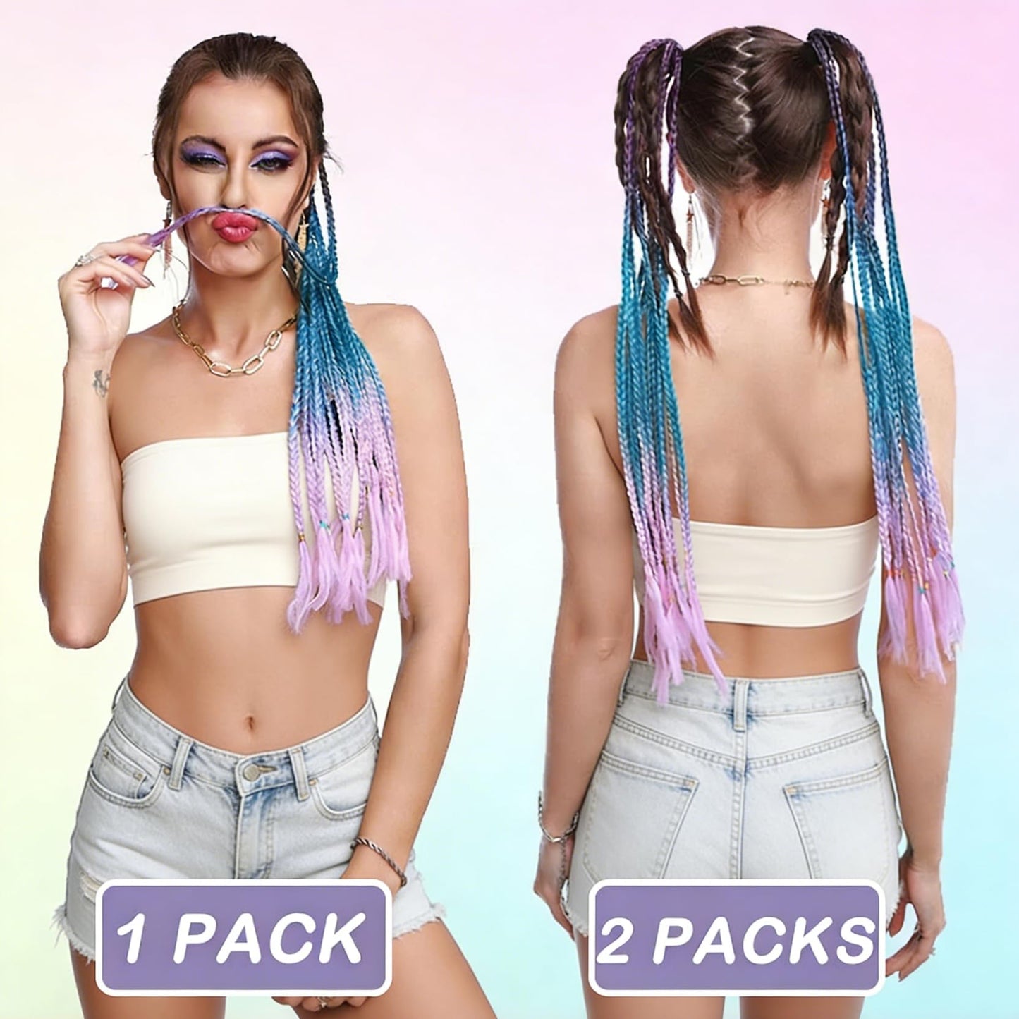 CISINPO 2PCS Rainbow Hair Extensions Braided Ponytail Gradient 24 Inch