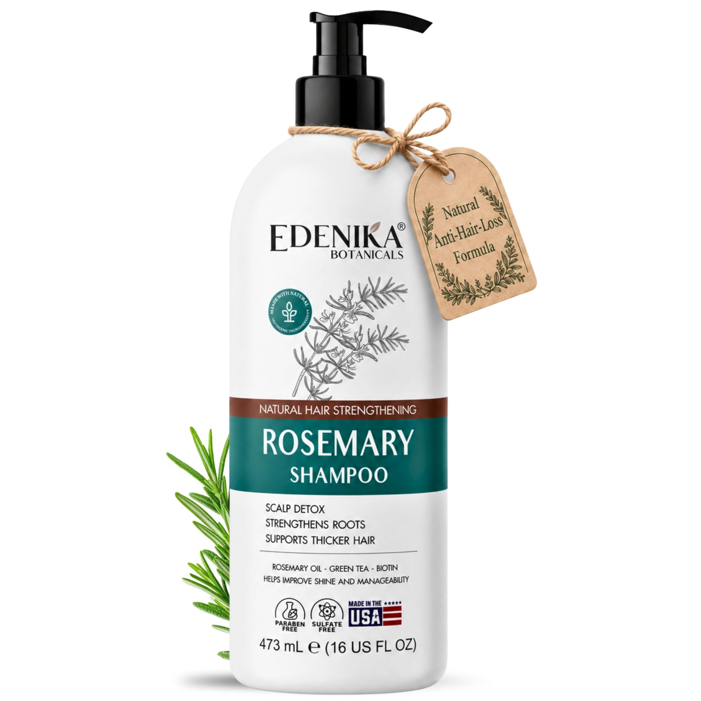 Edenika Botanicals Rosemary Oil Shampoo with Biotin for Thinning Hair & Anti-Hair Loss, Strengthening Botanical Formula, Women & Men, Sulfate-Free, Organic, 16 fl oz