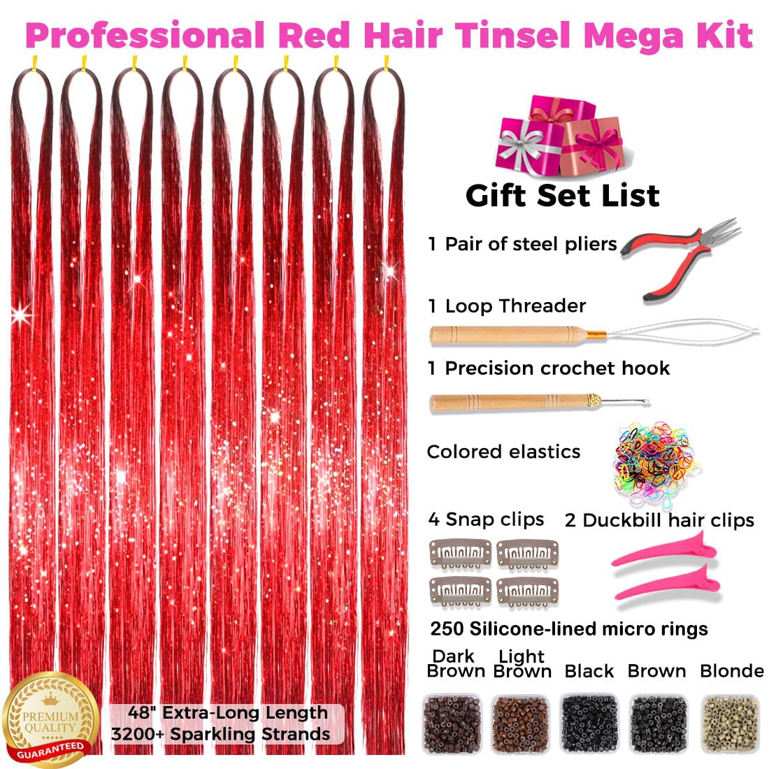 Hair Tinsel Kit with Tools, 3200+ Strands Red Holographic Fairy Hair, 48" Heat Resistant Glitter Hair Extensions, Easy DIY Kit for Girls, Christmas Party & Festival Gift