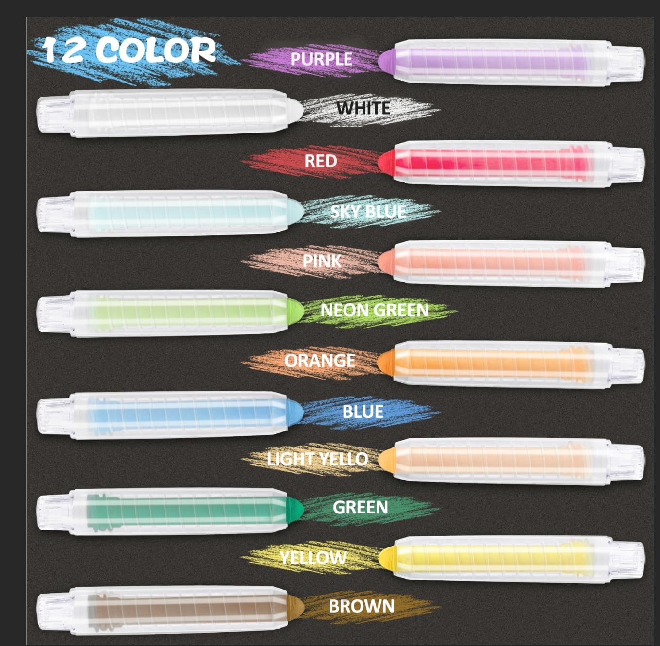 Dustless Chalk for Kids - 12 Colors Washable Sidewalk Chalk Set | Mess-Free Drawing on Chalkboards & Sidewalks