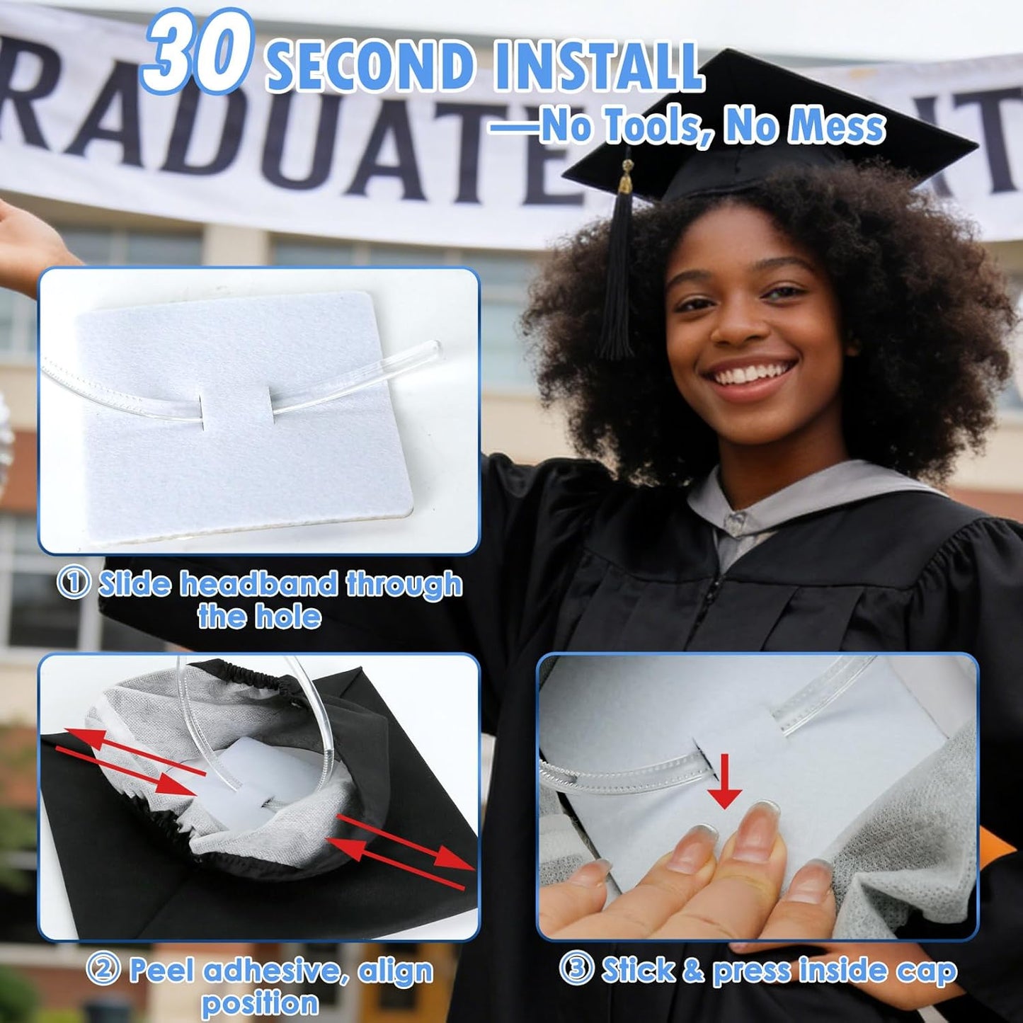 Graduation Cap Headband Insert - Clear White Anti-Fall Hair Band | Secure Grad Cap Holder for Students & Girls