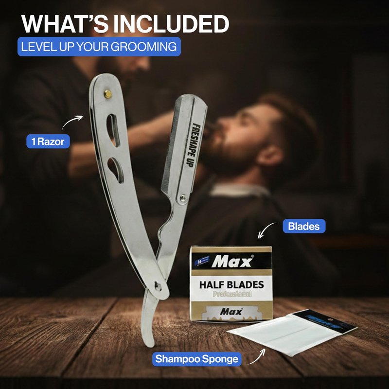Freshape Up Professional Single Blade Razor for Men – Barber Straight Razor Safety Kit with 100 Single Edge Straight Razor Blades (4.4 cm) & 10 Hairline Wipes for Precise Shaving (Black & Gold)