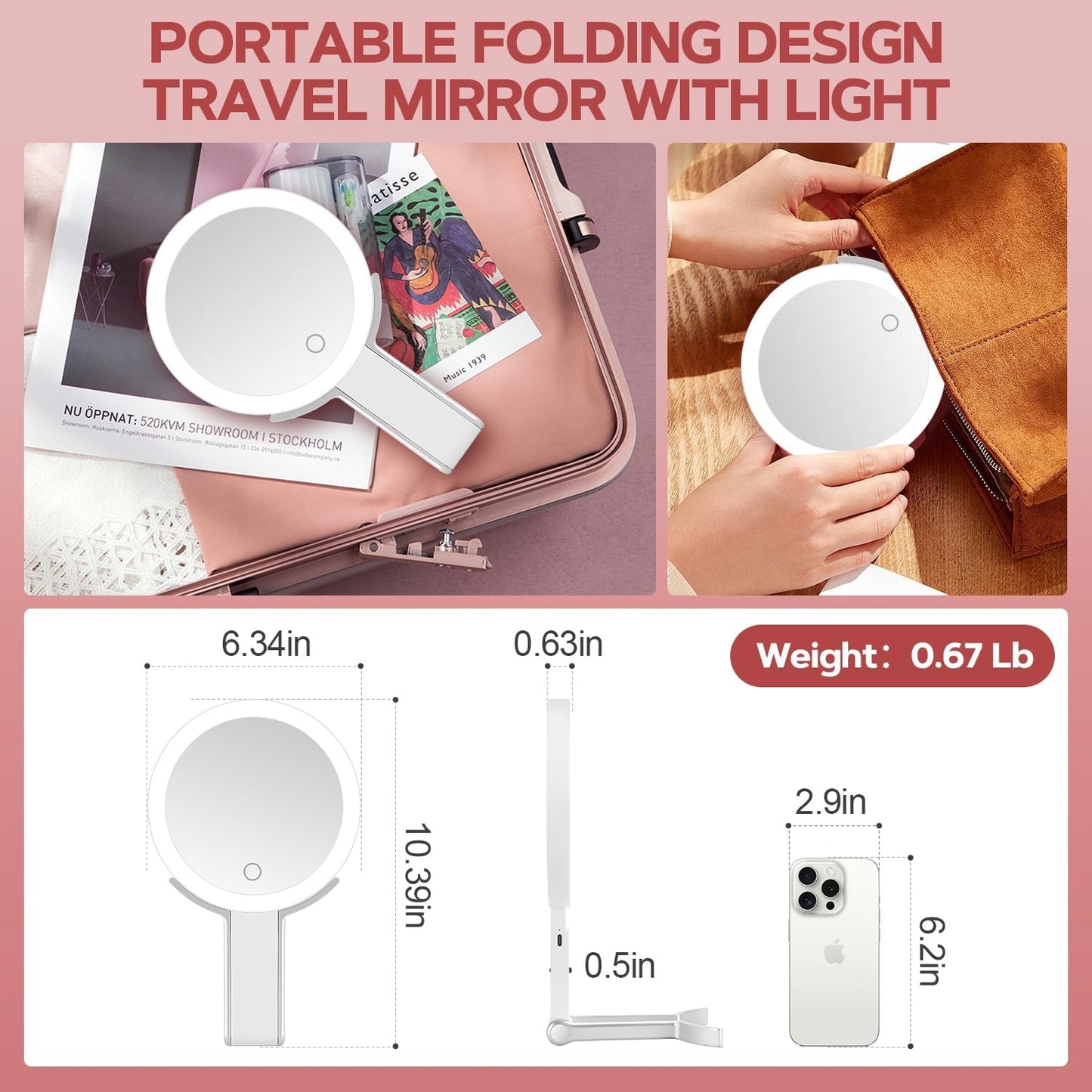Lighted Makeup Mirror - 30X Magnifying with Adjustable Brightness | Portable Handheld Vanity Mirror for Women
