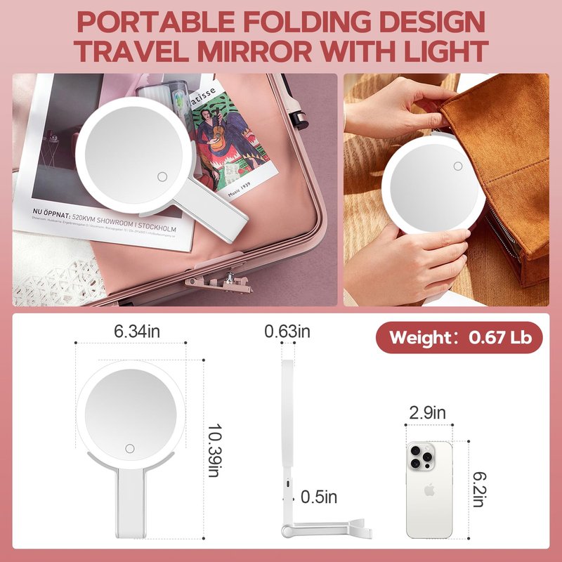 MIYADIVA Lighted Makeup Mirror, 30X Magnifying Mirror with Light and Adjustable Brightness, Hanging and Handheld Mirror with Handle, Portable Travel Makeup Mirror with Lights, Vanity Mirrors for Women