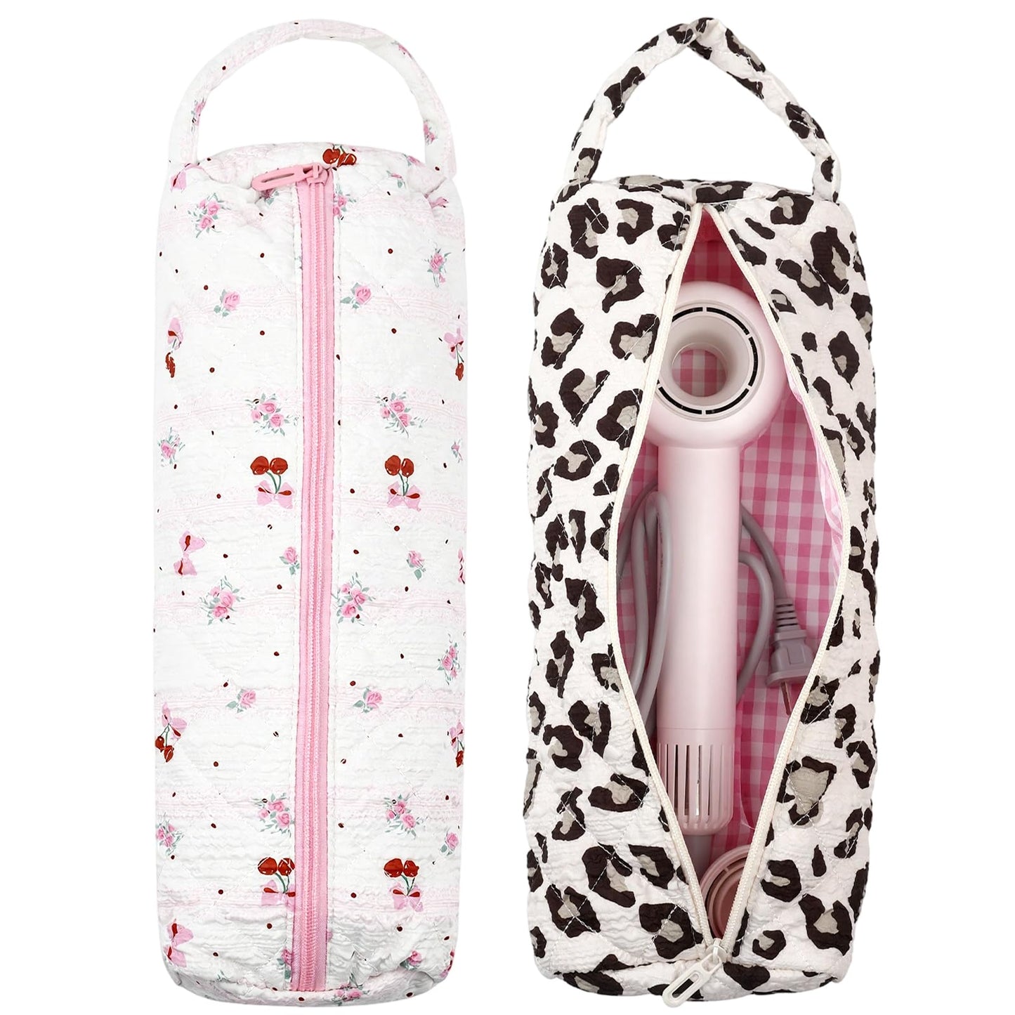 Hair Tools Travel Bag, 2Pcs Quilted Protable Hair Dryer Bag Hair Styling Accessories Organizer Bag for Curling Irons, Flat Irons and Styling Tools (Leopard Print+Cherry)