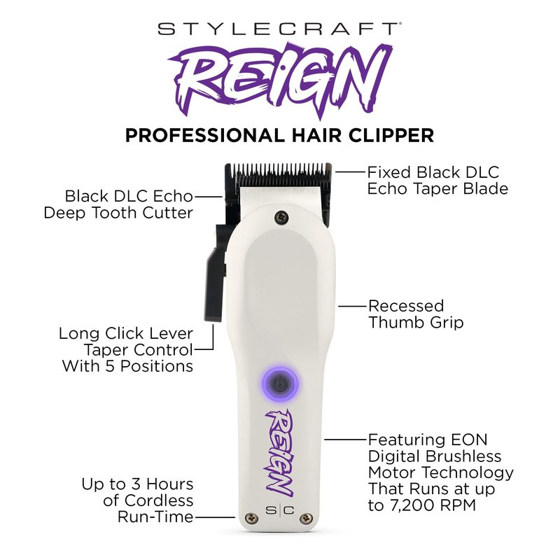 Stylecraft Reign Professional Hair Clipper with Brushless Motor, USB-C Rechargeable, Black Diamond Echo Taper Blade
