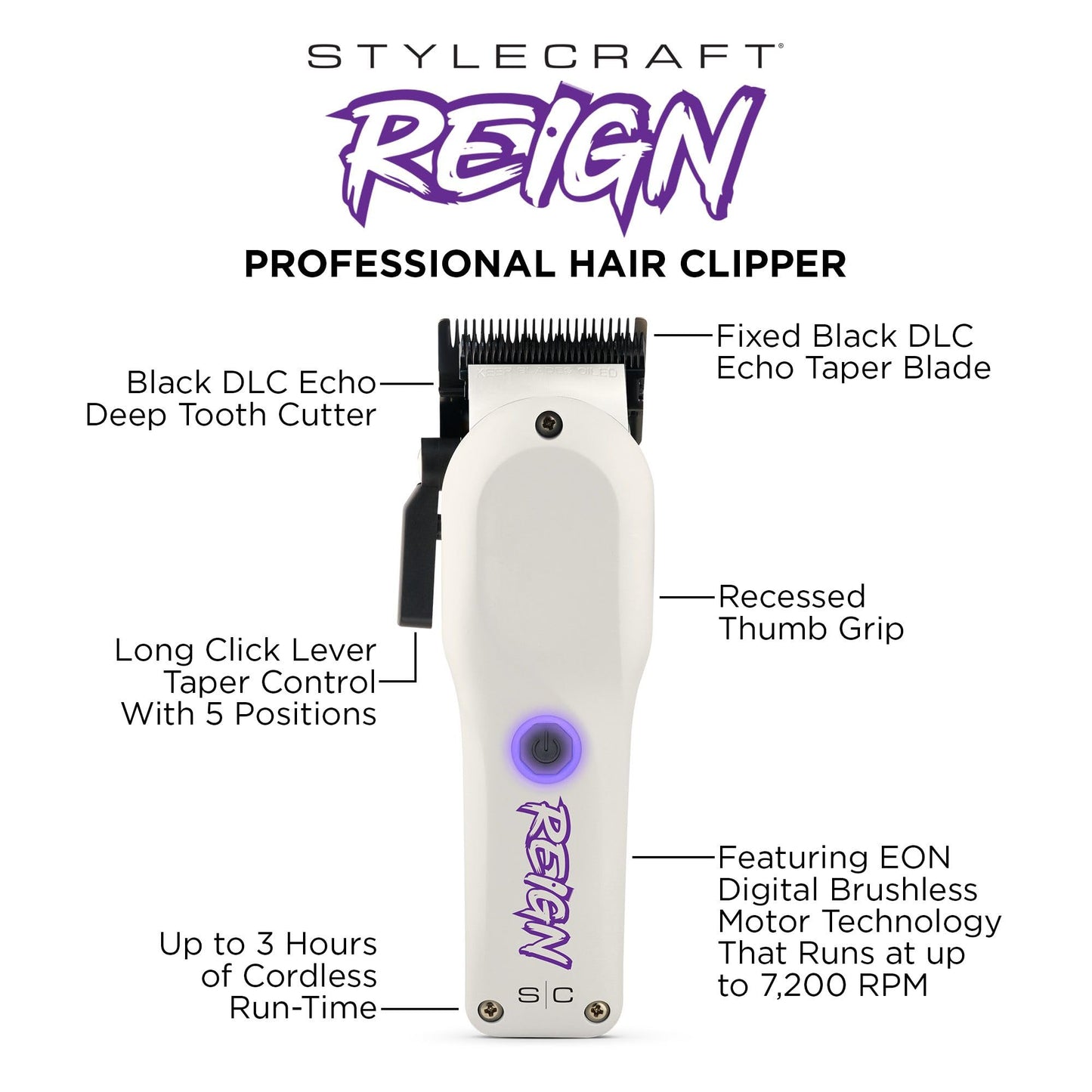 Stylecraft Reign Professional Hair Clipper with Brushless Motor, USB-C Rechargeable, Black Diamond Echo Taper Blade