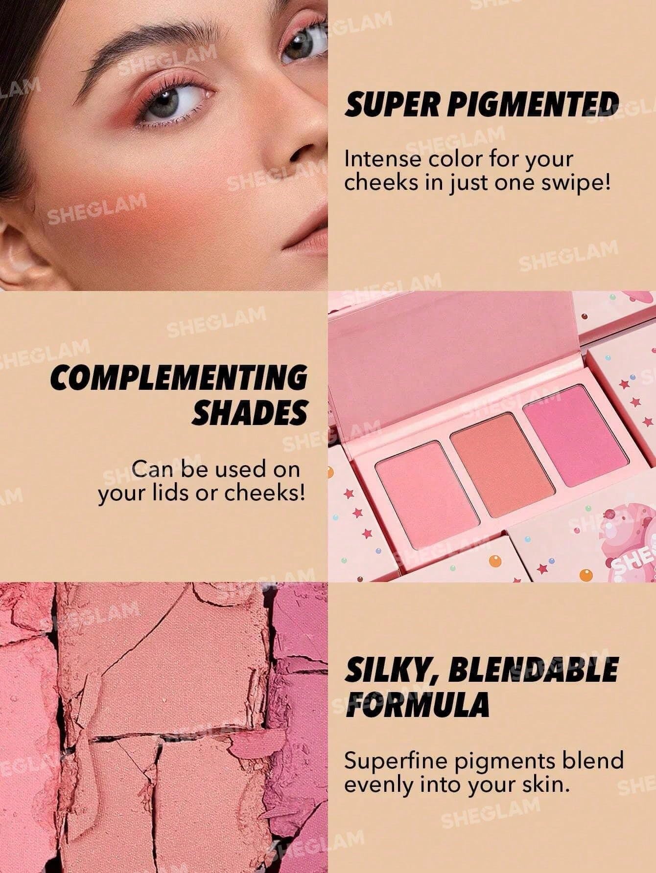 SHEGLAM Sweet Cheeks Blush Trio Blush Powder Silk High Pigment Blush for Cheek-Enamored