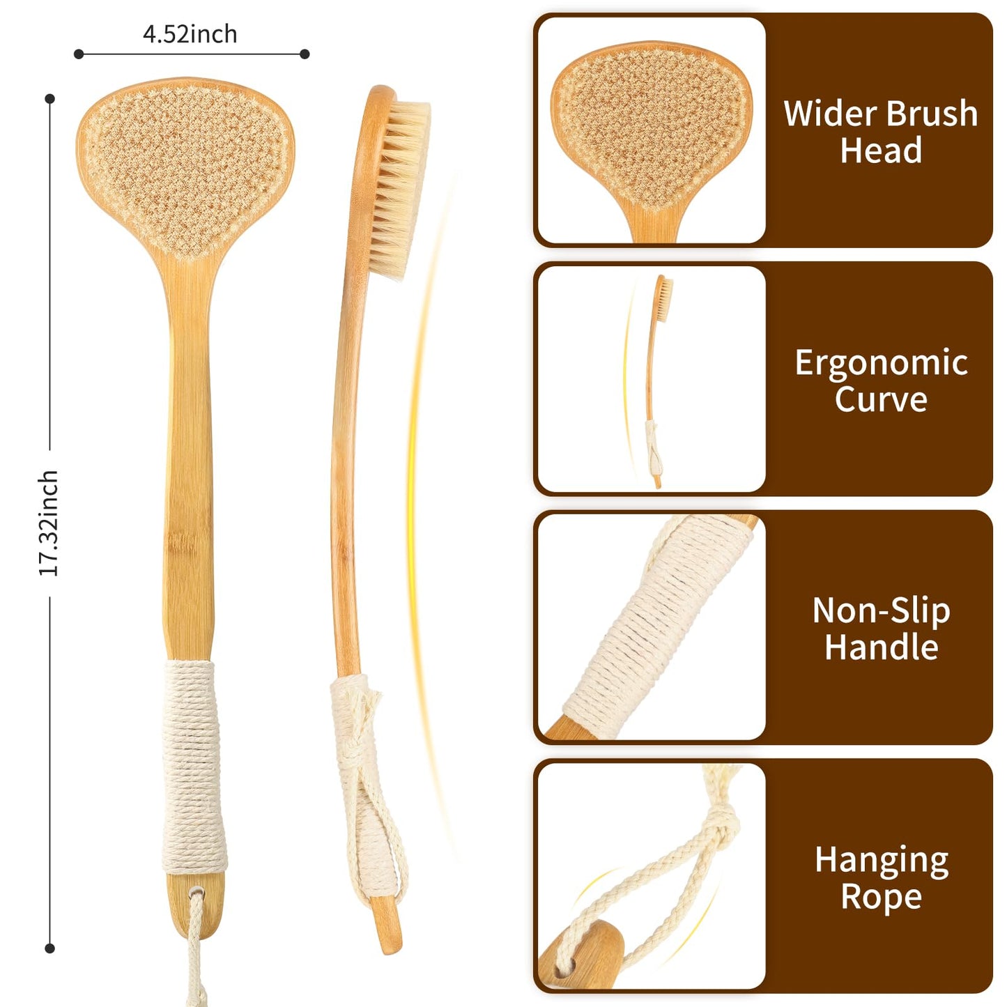 Long Handle Bath Brush-Back Scrubber for Shower, Exfoliating Body Brush with Bristles for Wet & Dry Brushing, Shower Brush for Men & Women