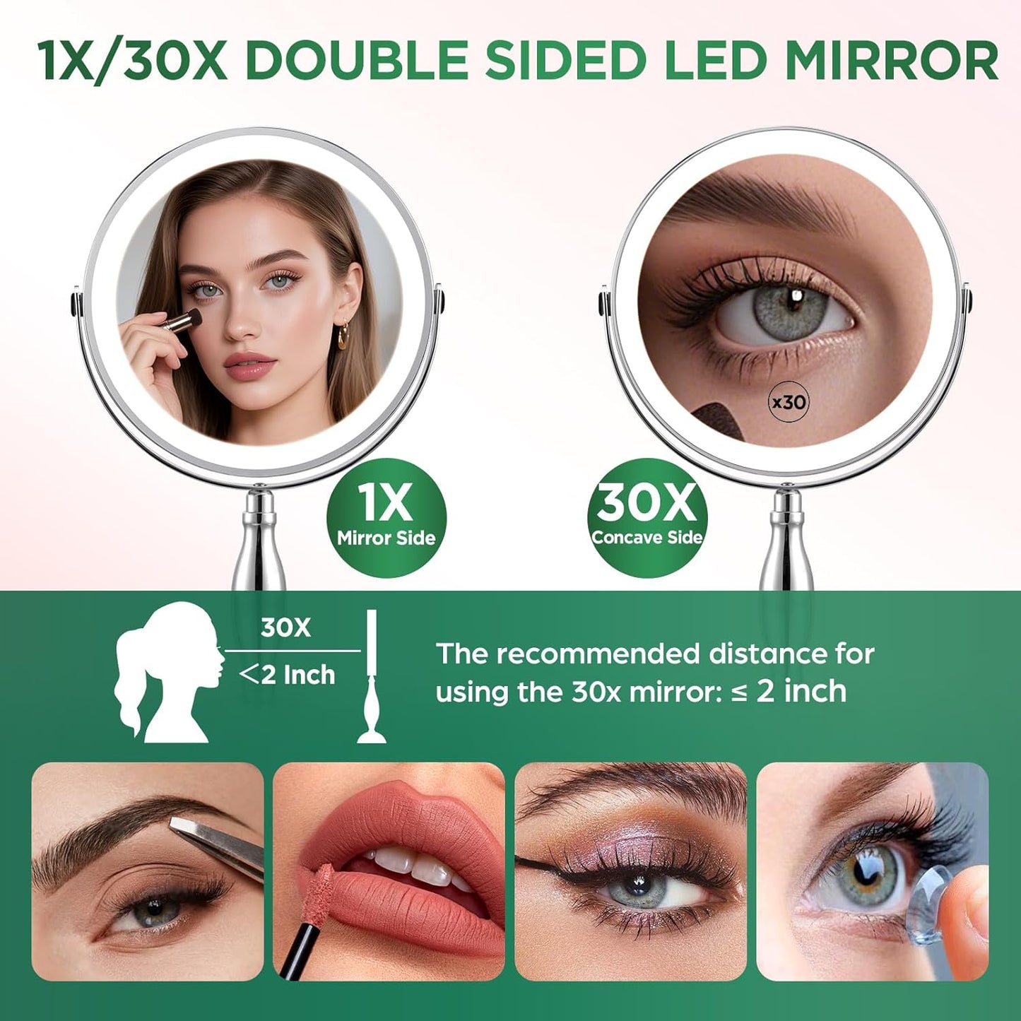 Lighted 30x Magnifying Makeup Mirror - Adjustable Brightness, 3 Color Modes | 5000mAh Rechargeable, 360° Rotation