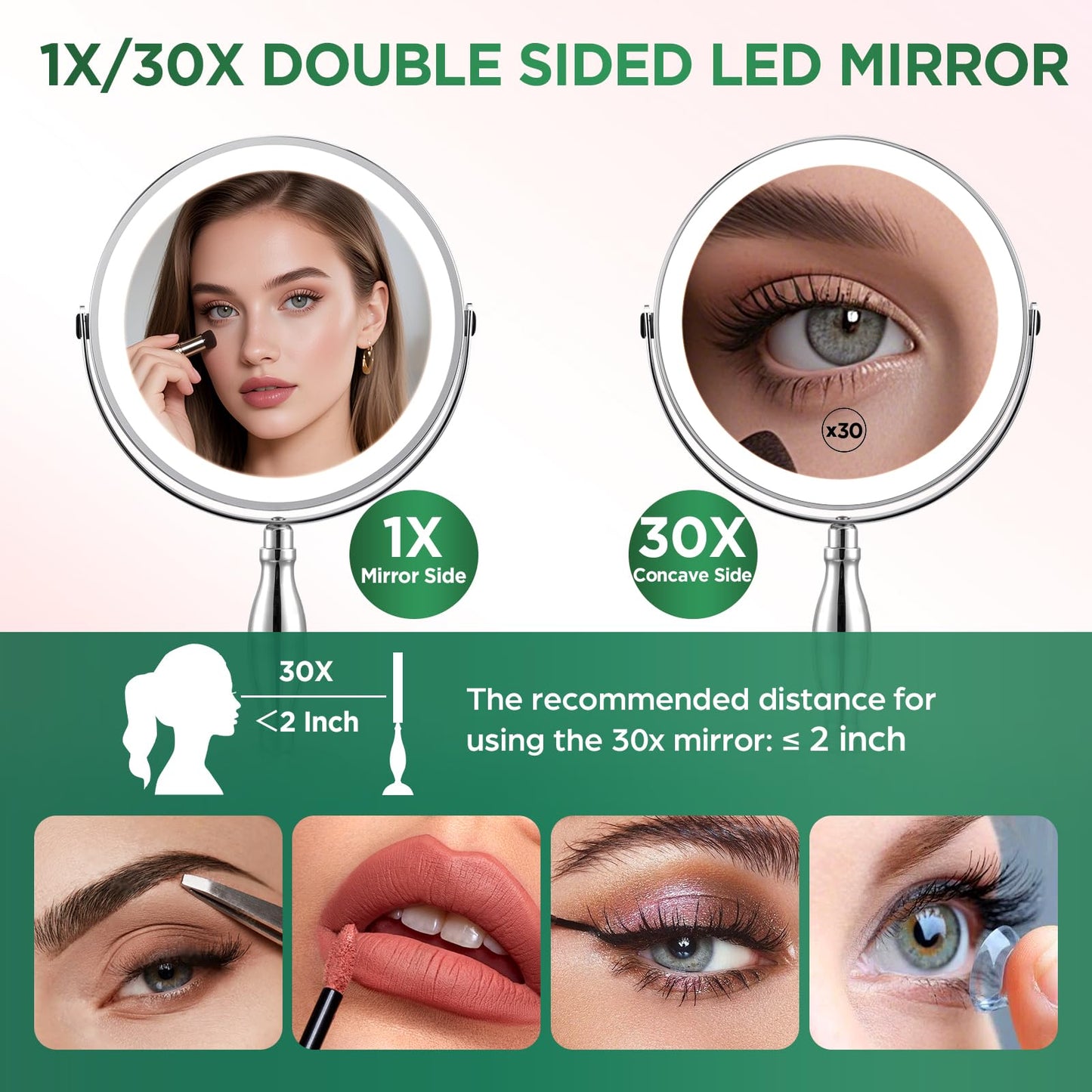 30x Magnifying Mirror, Chrome Lighted Makeup Mirror with 3 Colors Modes