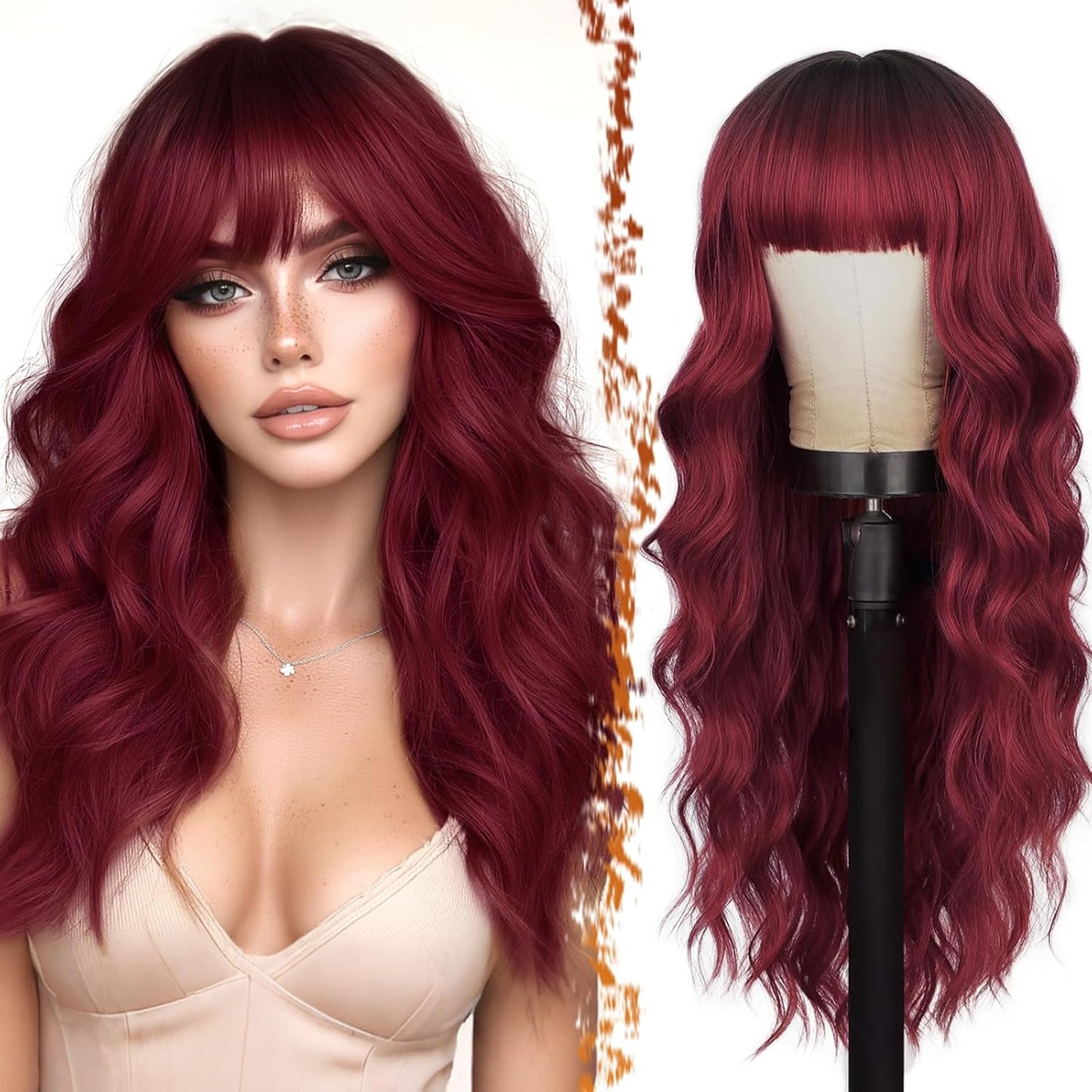 Long Wavy Blonde Curtain Bangs Wig - 26" Synthetic Ombre Wig with Dark Roots | Soft Natural Look