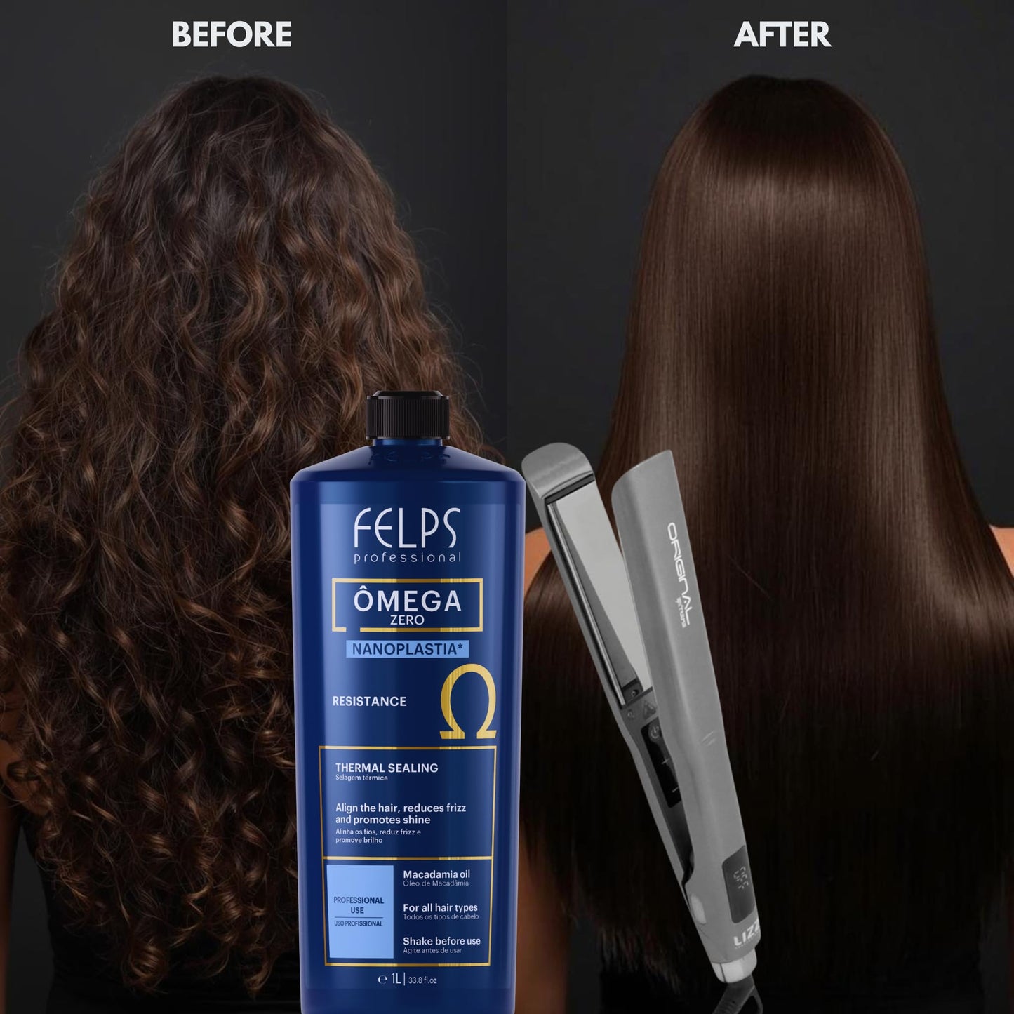 Kit Felps Professional Omega Zero Nanoplastia Thermal Sealing Kit, 33.8 fl oz, with Lizz Original Extreme Flat Iron, 500°F, LCD Display, Dual Voltage