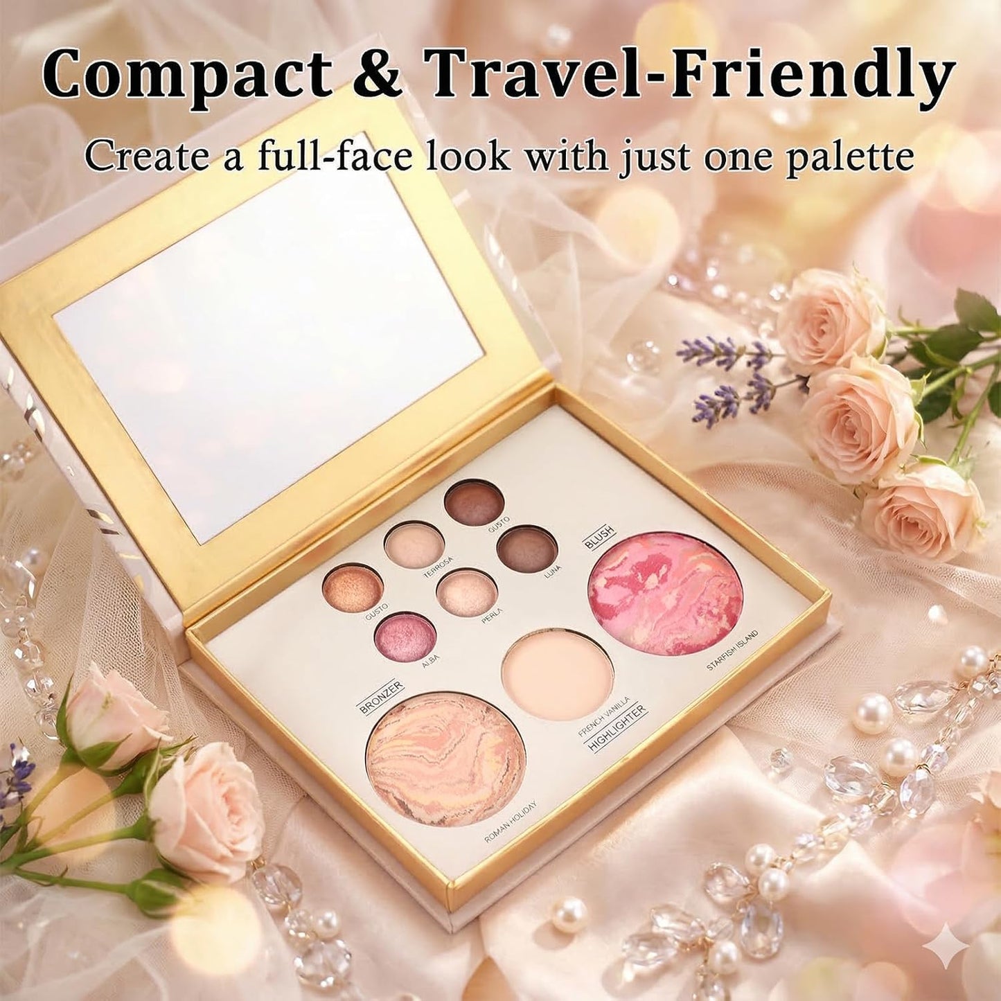Baked Face Makeup Palette for Older Women - Eyeshadow, Blush, Bronzer & Highlighter | Travel-Friendly, Buildable Neutral Colors