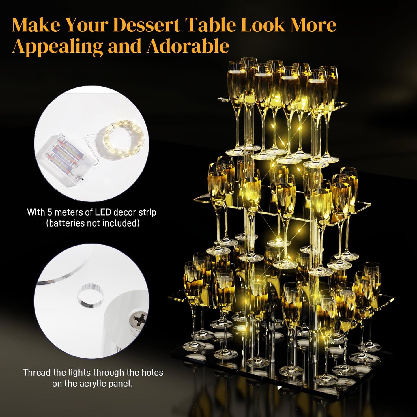 Nynelly Champagne Display Holder Stand for Party With 32 Slots, 3 Tier Acrylic Champagne Tower Wine Glass Holder, Tabletop Champagne Flutes Holder Stemware Rack with Led Strip, 19.7x11.8x26.2 inch