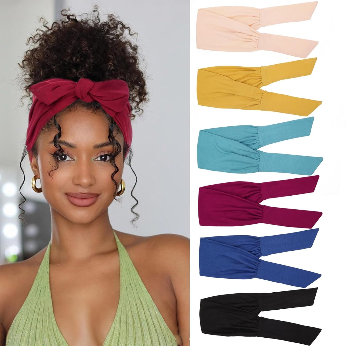 Adjustable Boho Headbands for Women - 6 Elastic Knotted Hair Accessories | Fashionable Wide Yoga Workout Bands