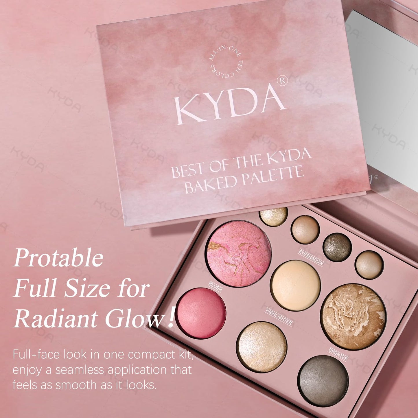 KYDA Best Of The Baked Makeup Palette for Mature Skin, 10Colors Full Size Baked Palette Includes 2 Bronzer, 2 Blush, 2 Highlighters and 4 Eyeshadows, Travel-Friendly Makeup, Longwear High Pigmented