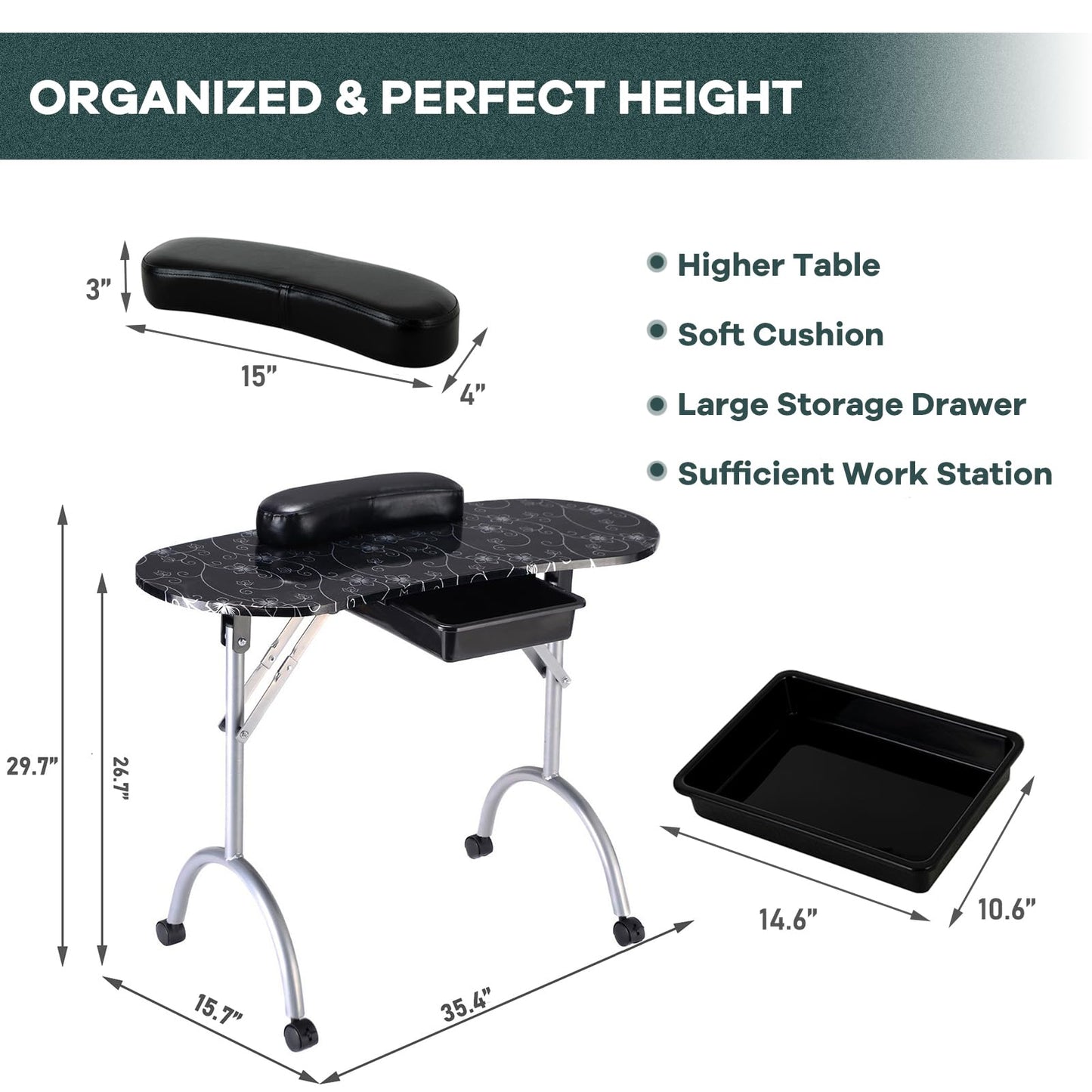 WELLHUT Nail Table Portable Manicure Tables with Carrying Bag, Salon Station Foldable Nail Desk with Large Drawer, Wrist Rest, Lockable Wheels for Home Spa Beauty Salon Mobile Nail Tech
