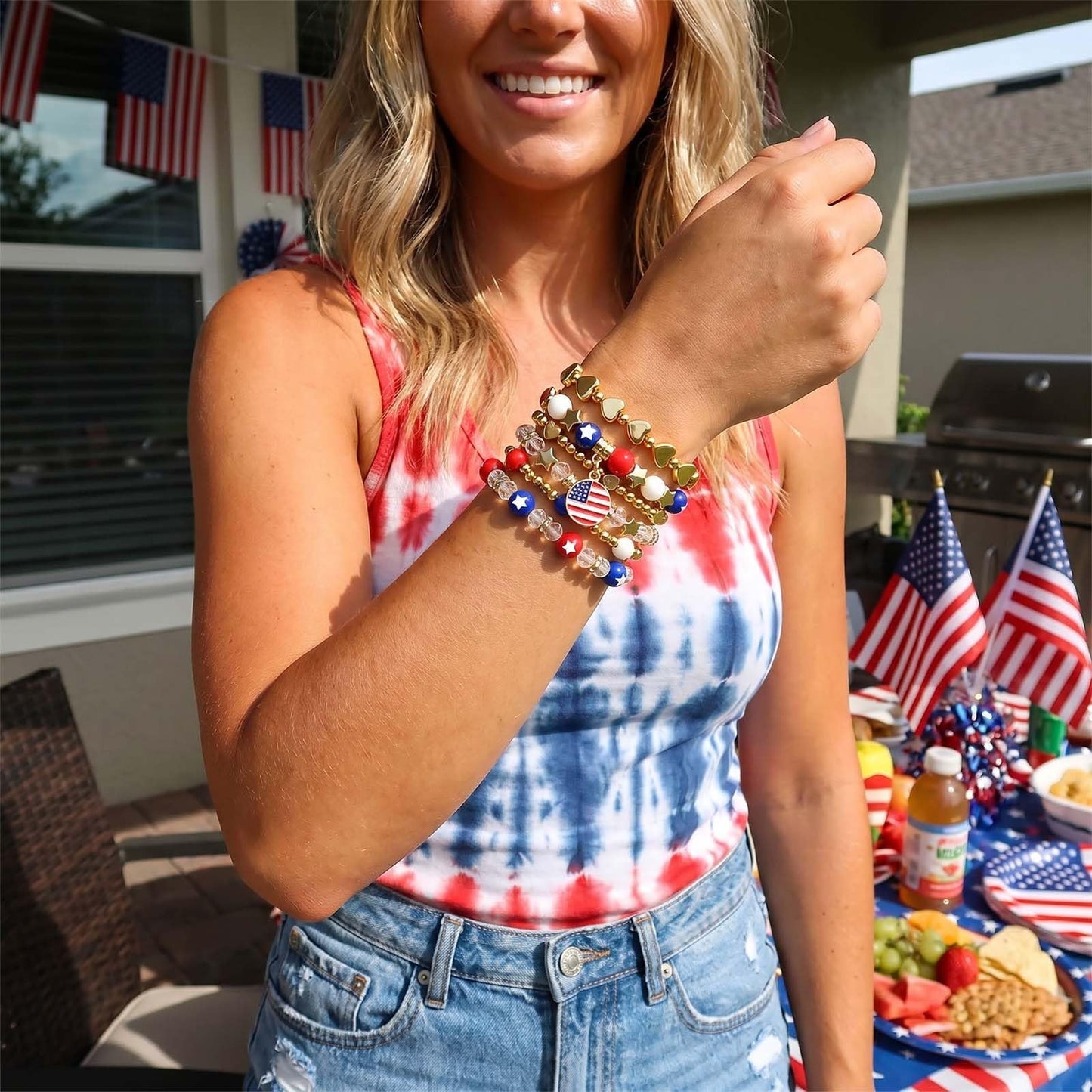 CANUMARA 4th of July Patriotic Bracelets for Women Men Teens – Red White Blue Beaded Stackable Stretch Bracelets – USA Independence Day Gifts – American Flag Handmade Jewelry（SSL-1 6T）