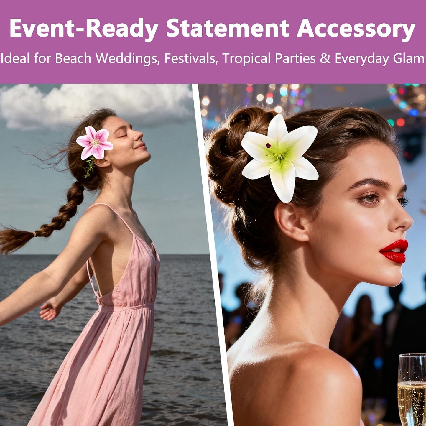 Tropical Pink & White Hair Flower Lily Clip Set - 2 Pcs Faux Hawaiian Accessories for Weddings & Beach Parties