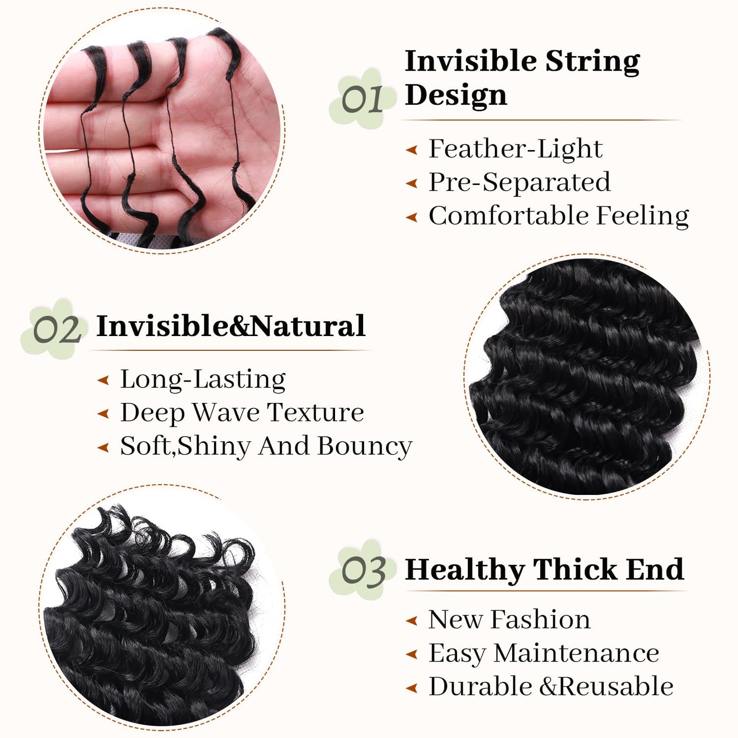 Curly Feather Miracle Knots Crochet Human Hair Feeling 18 Inch 100 Strands Invisible Knotless Pre-Separated Deep Wave Crochet Hair Extensions (1B, 18 Inch-100 Roots)