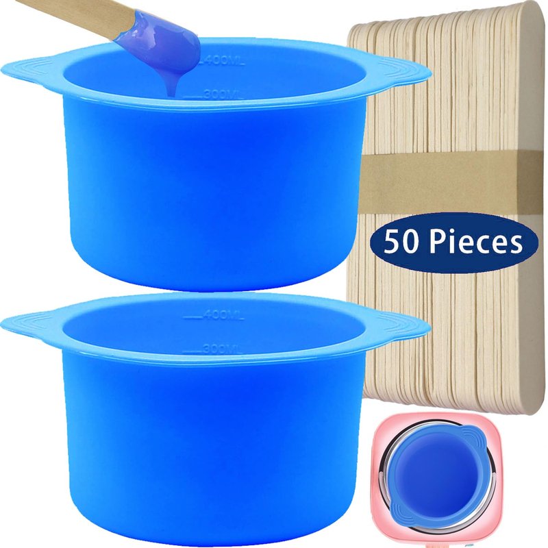 2-pack Silicone Wax Warmer Liner, Silicone Wax Bowl for Wax Warmer, Non-Stick Wax Melt Warmer Wax Pot Replacement, Reusable Wax Melt Liner with 50 Pcs Wax Spatula Sticks for Hair Removal(Blue)
