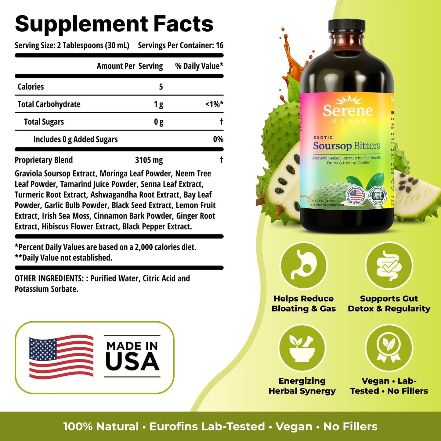 Soursop Bitters Liquid - Gut Cleanse & Detox with Black Seed, Moringa, Ashwagandha | 16 fl oz