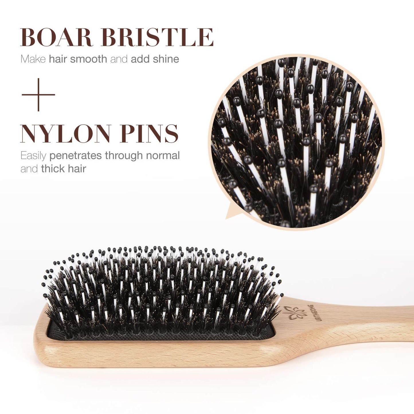 Boar Bristle Hair Brush - Paddle Brush for Thick, Curly & Thin Hair | Smooths & Adds Shine