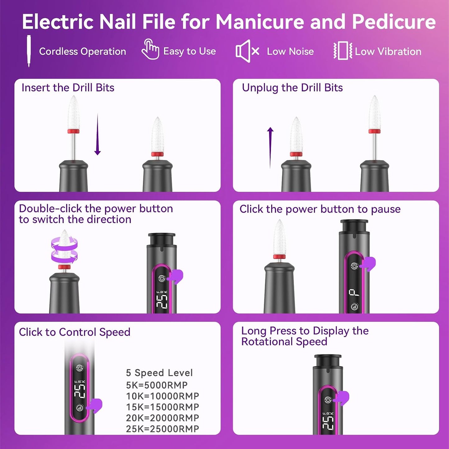 Electric Nail Drill - Professional 12-in-1 Efile for Acrylic & Gel Nails | Portable, Rechargeable, 5 Speeds, Grey