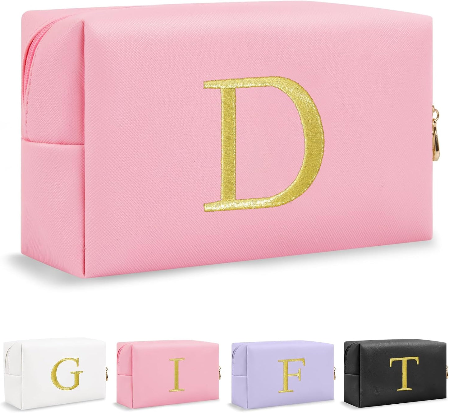 Personalized Initial Makeup Bag - Gold Embroidered Cosmetic Bag for Teens | Custom Travel Toiletry Bag (Black)
