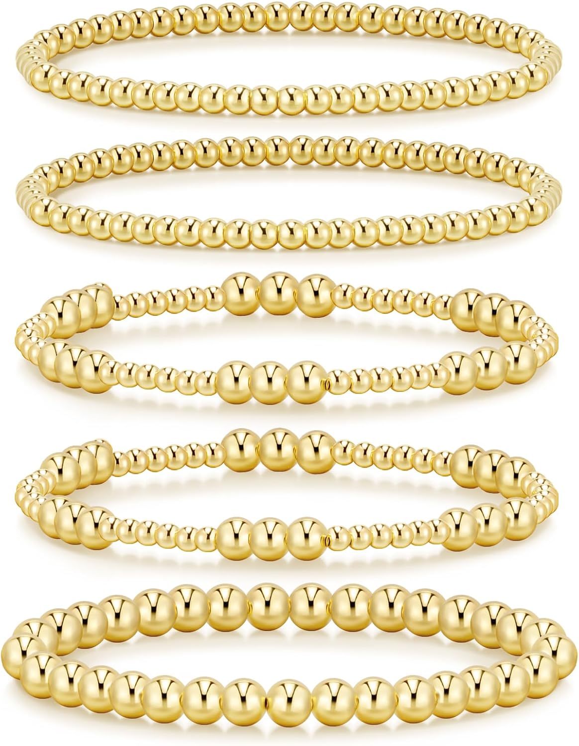 Gold Bracelets for Women - Waterproof 14K Gold Plated Beaded Strand Adjustable Jewelry Set | Perfect Gift