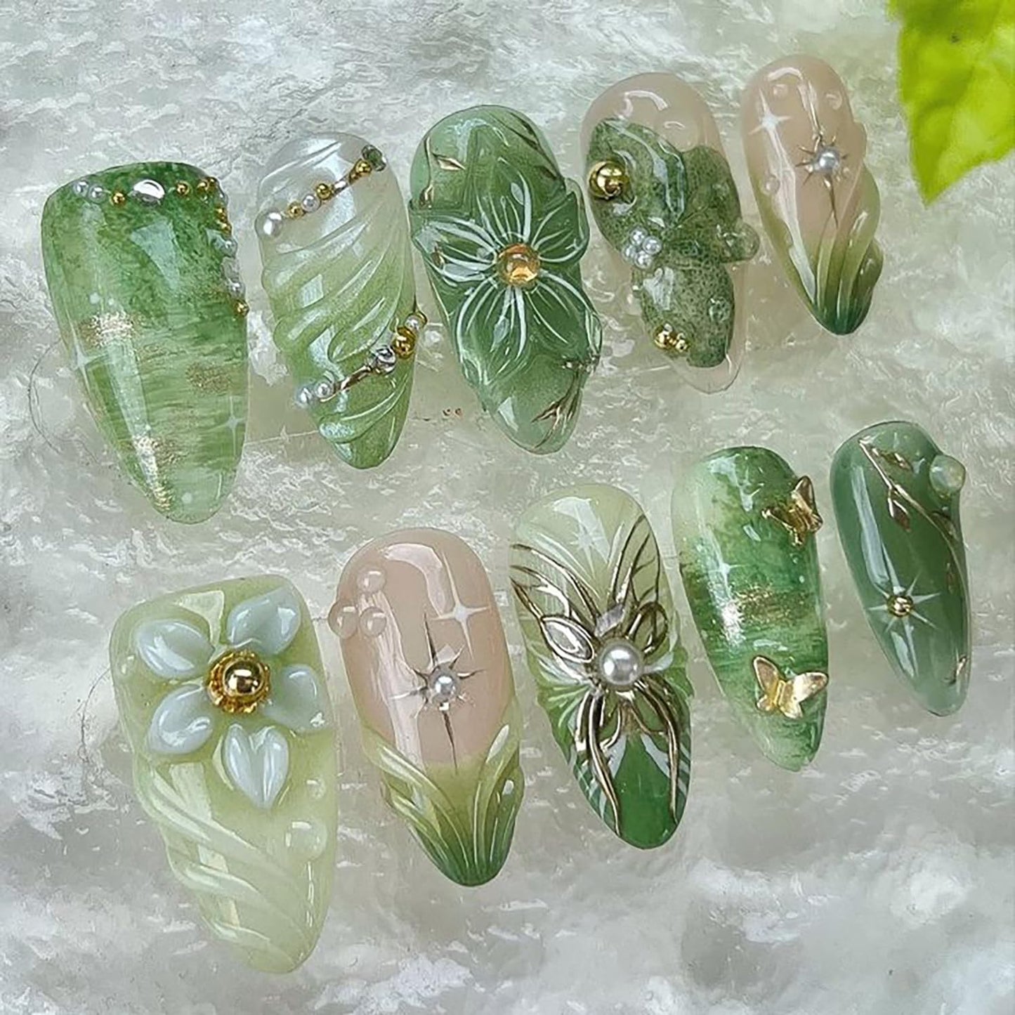 Gold Star Press-On Nails - 30 Pcs Medium Almond Acrylic with 3D Blue Rhinestones | Bohemian Style