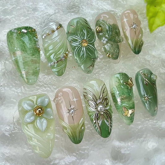 30Pcs Green Press on Nails Medium Almond Fake Nails with 3D Pearl Gold Beads Designs Stick on Nails 3D Flower Butterfly False Nails Spring Summer Acrylic Nails Silver Star Glue on Nails for Women