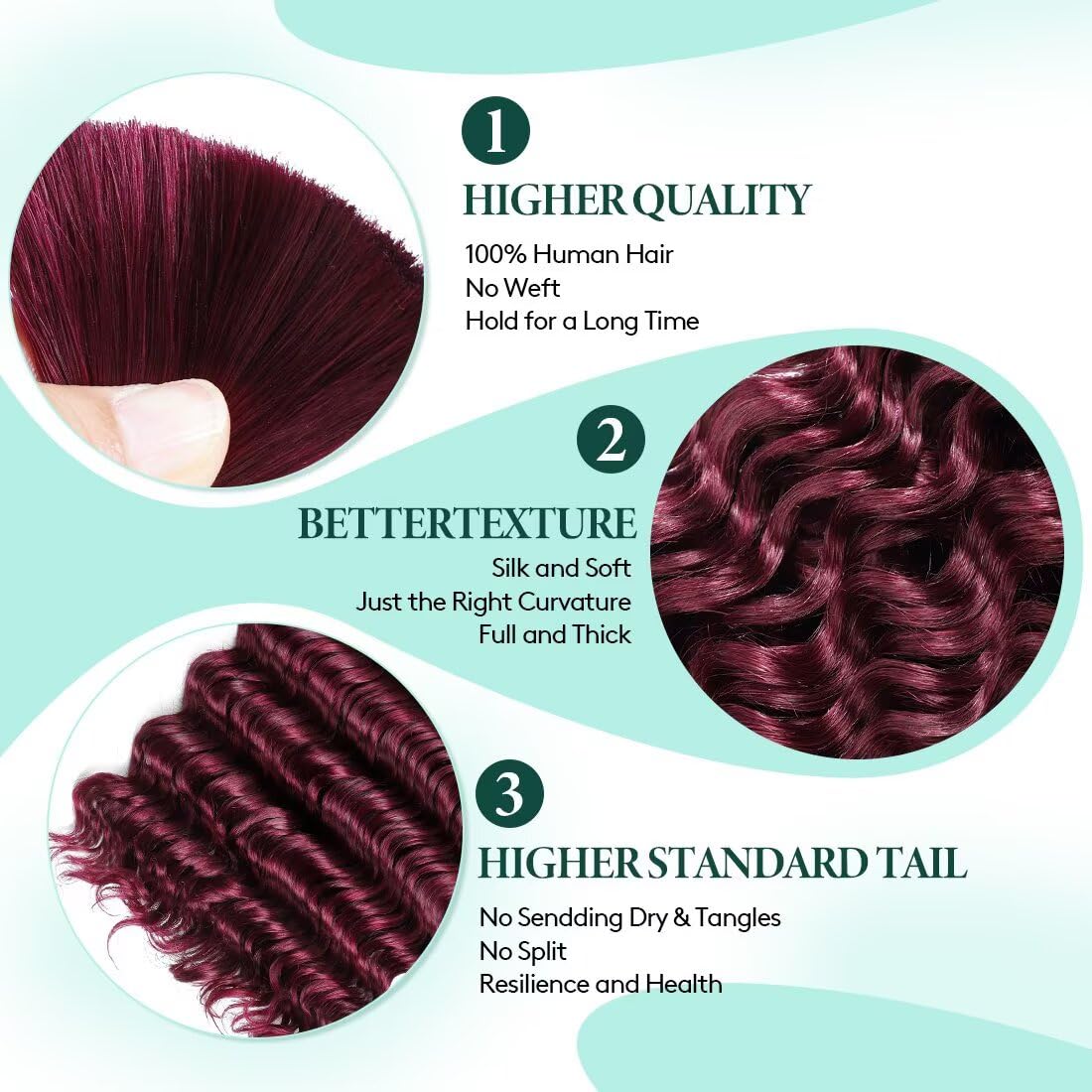 Boho Hair for Braiding, Curly Virgin Human Braiding Hair for Women, 12A Knotless Deep Wave Bulk Bohemian Styles, 150g 20 Inch 3 Bundles/Pack Burgundy Color 99J
