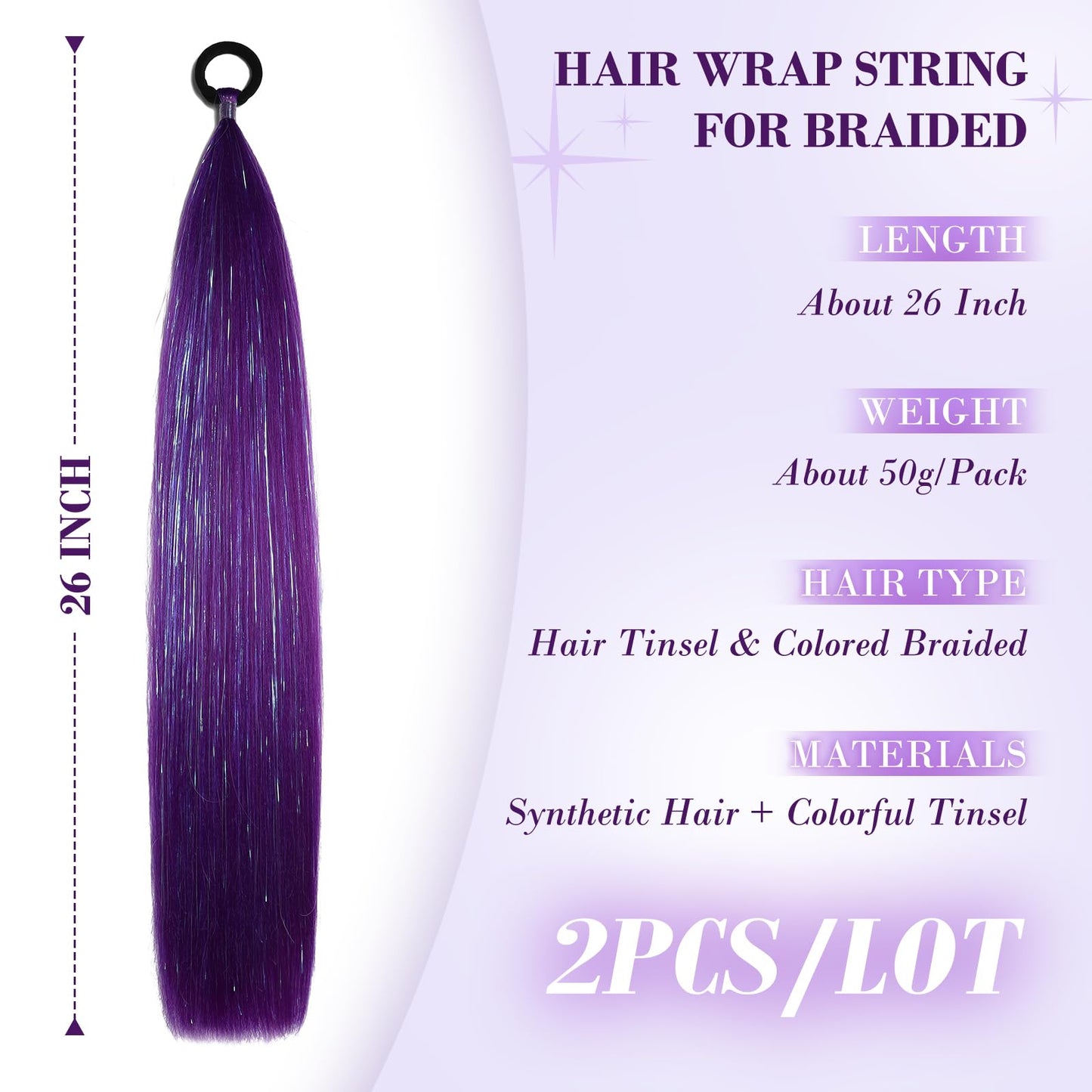 CenXRui Purple Hair Extensions with Tinsel, 26" Long Sparkly Ponytail Hair for Softball, Cheer & Spirit Week, Reusable Color Hair Extensions for Crazy Hair Day, 2 Pack (Purple)